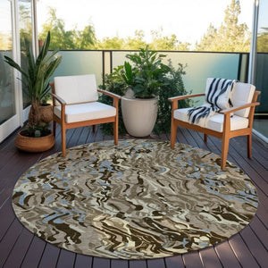 Homeroots 3' Beige Brown And Ivory Abstract Washable Area Rug For Indoor Or Outdoor Comfort And Style 8' Round Polyester 600326