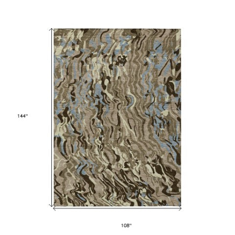 Homeroots 3' Beige Brown And Ivory Abstract Washable Area Rug For Indoor Or Outdoor Comfort And Style 9' X 12' Polyester 600328