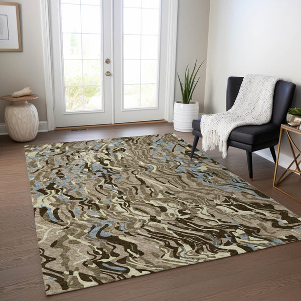 Homeroots 3' Beige Brown And Ivory Abstract Washable Area Rug For Indoor Or Outdoor Comfort And Style 9' X 12' Polyester 600328