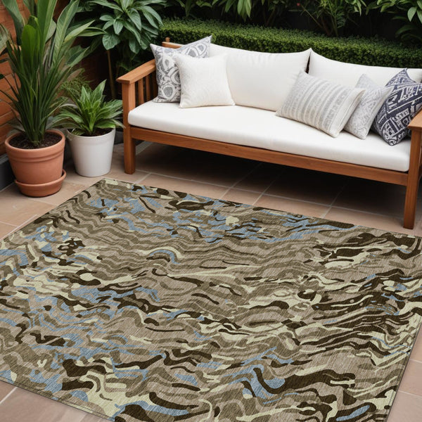 Homeroots 3' Beige Brown And Ivory Abstract Washable Area Rug For Indoor Or Outdoor Comfort And Style 10' X 14' Polyester 600329