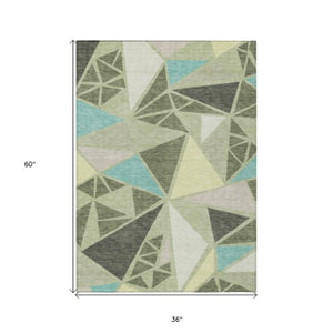 Homeroots 3' Stylish Geometric Artichoke Green And Aqua Washable Area Rug For Indoor And Outdoor Spaces 3' X 5' Polyester 600336