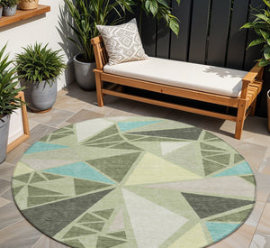 Homeroots 3' Stylish Geometric Artichoke Green And Aqua Washable Area Rug For Indoor And Outdoor Spaces 8' Round Polyester 600338