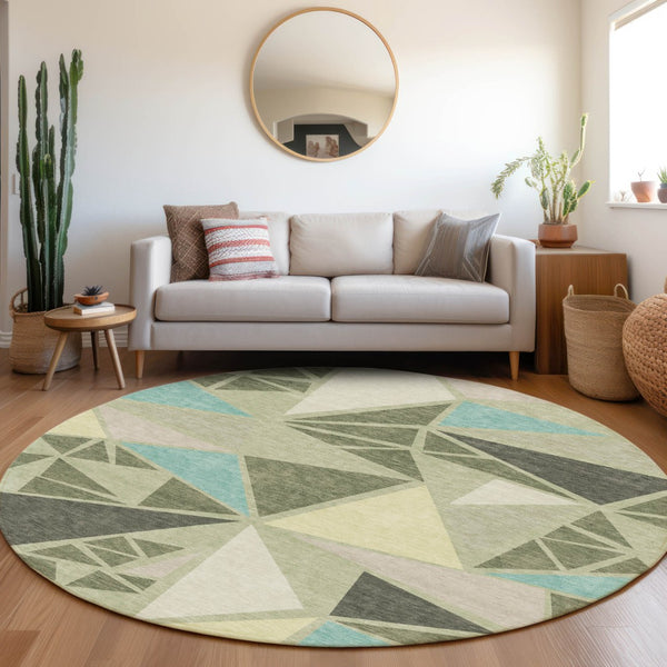 Homeroots 3' Stylish Geometric Artichoke Green And Aqua Washable Area Rug For Indoor And Outdoor Spaces 8' Round Polyester 600338