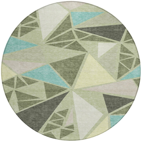 Homeroots 3' Stylish Geometric Artichoke Green And Aqua Washable Area Rug For Indoor And Outdoor Spaces 8' Round Polyester 600338