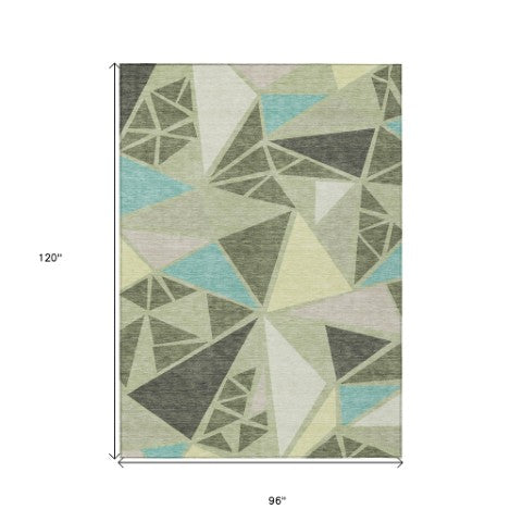 Homeroots 3' Stylish Geometric Artichoke Green And Aqua Washable Area Rug For Indoor And Outdoor Spaces 8' X 10' Polyester 600339