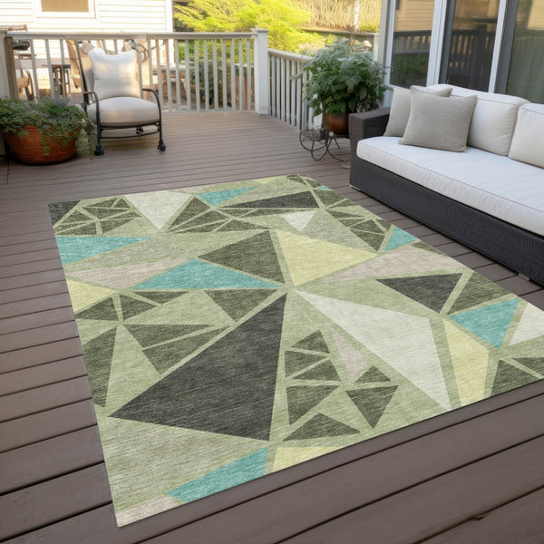 Homeroots 3' Stylish Geometric Artichoke Green And Aqua Washable Area Rug For Indoor And Outdoor Spaces 8' X 10' Polyester 600339