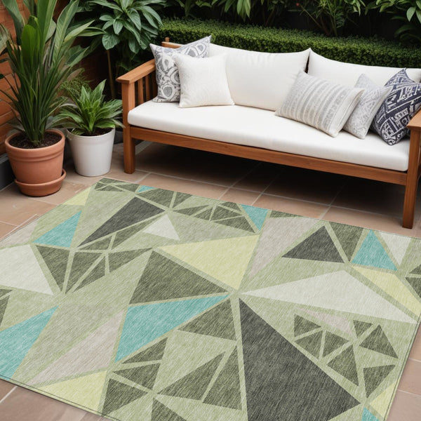 Homeroots 3' Stylish Geometric Artichoke Green And Aqua Washable Area Rug For Indoor And Outdoor Spaces 10' X 14' Polyester 600341