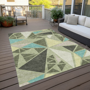 Homeroots 3' Stylish Geometric Artichoke Green And Aqua Washable Area Rug For Indoor And Outdoor Spaces 10' X 14' Polyester 600341
