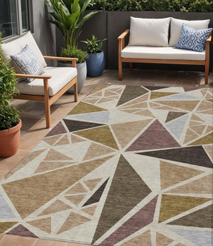 Homeroots 3' Stylish Geometric Artichoke Green And Aqua Washable Area Rug For Indoor And Outdoor Spaces 5' X 8' Polyester 600343