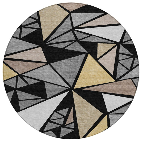 HomeRoots 5' Bold Geometric Washable Area Rug in Black, Beige, and Gray for Indoor and Outdoor Elegance 8' Round 600350