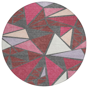 HomeRoots 5' Stylish Burgundy Pink Charcoal Geometric Washable Area Rug for Indoor & Outdoor Use 8' Round 600356