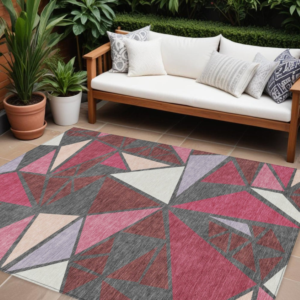 HomeRoots 5' Stylish Burgundy Pink Charcoal Geometric Washable Area Rug for Indoor & Outdoor Use 10' X 14' 600359