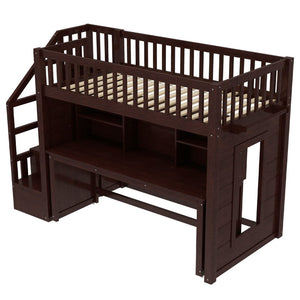 English Elm Twin Loft Bed with Movable Desk Open Shelving and Storage Stairs in Espresso W1580S00336