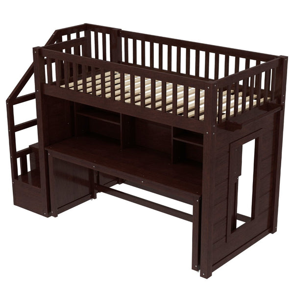 English Elm Twin Loft Bed with Movable Desk Open Shelving and Storage Stairs in Espresso W1580S00336