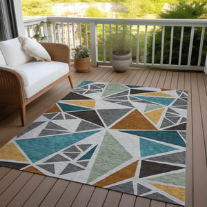 Homeroots 3' Stylish Geometric Artichoke Green And Aqua Washable Area Rug For Indoor And Outdoor Spaces 3' X 5' Polyester 600366