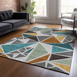 Homeroots 3' Stylish Geometric Artichoke Green And Aqua Washable Area Rug For Indoor And Outdoor Spaces 3' X 5' Polyester 600366