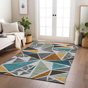 Homeroots 3' Stylish Geometric Artichoke Green And Aqua Washable Area Rug For Indoor And Outdoor Spaces 3' X 5' Polyester 600366