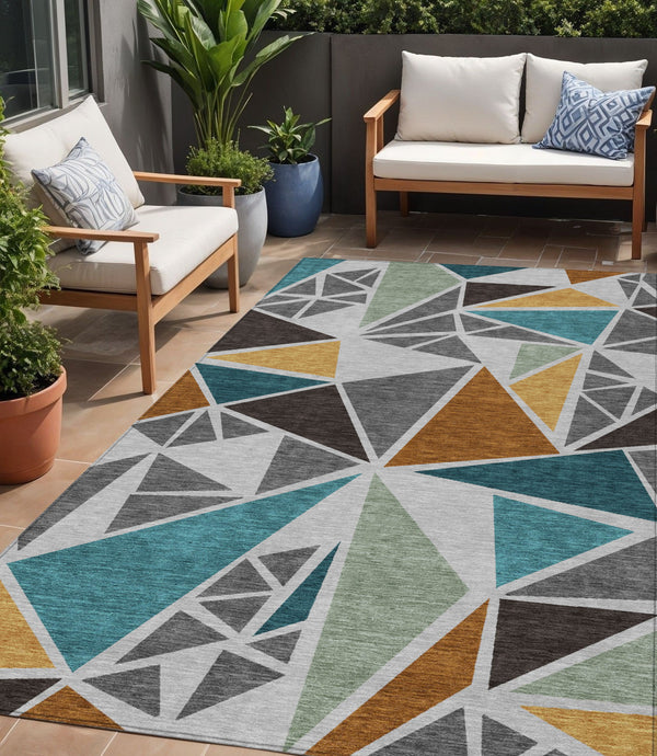 Homeroots 3' Stylish Geometric Artichoke Green And Aqua Washable Area Rug For Indoor And Outdoor Spaces 5' X 8' Polyester 600367