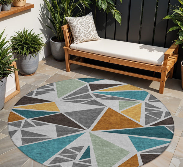 Homeroots 3' Stylish Geometric Artichoke Green And Aqua Washable Area Rug For Indoor And Outdoor Spaces 8' Round Polyester 600368