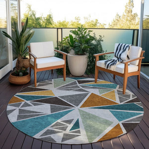 Homeroots 3' Stylish Geometric Artichoke Green And Aqua Washable Area Rug For Indoor And Outdoor Spaces 8' Round Polyester 600368
