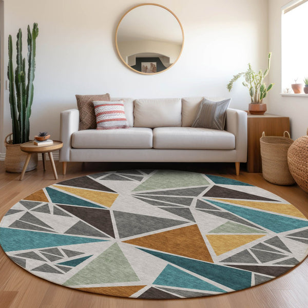 Homeroots 3' Stylish Geometric Artichoke Green And Aqua Washable Area Rug For Indoor And Outdoor Spaces 8' Round Polyester 600368