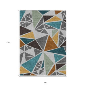 Homeroots 3' Stylish Geometric Artichoke Green And Aqua Washable Area Rug For Indoor And Outdoor Spaces 8' X 10' Polyester 600369