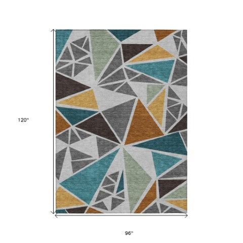 Homeroots 3' Stylish Geometric Artichoke Green And Aqua Washable Area Rug For Indoor And Outdoor Spaces 8' X 10' Polyester 600369