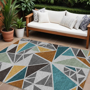 Homeroots 3' Stylish Geometric Artichoke Green And Aqua Washable Area Rug For Indoor And Outdoor Spaces 8' X 10' Polyester 600369
