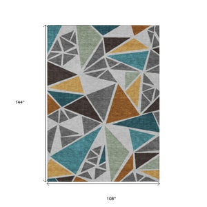 Homeroots 3' Stylish Geometric Artichoke Green And Aqua Washable Area Rug For Indoor And Outdoor Spaces 9' X 12' Polyester 600370