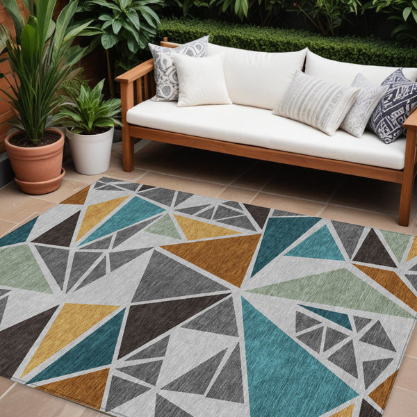 Homeroots 3' Stylish Geometric Artichoke Green And Aqua Washable Area Rug For Indoor And Outdoor Spaces 9' X 12' Polyester 600370