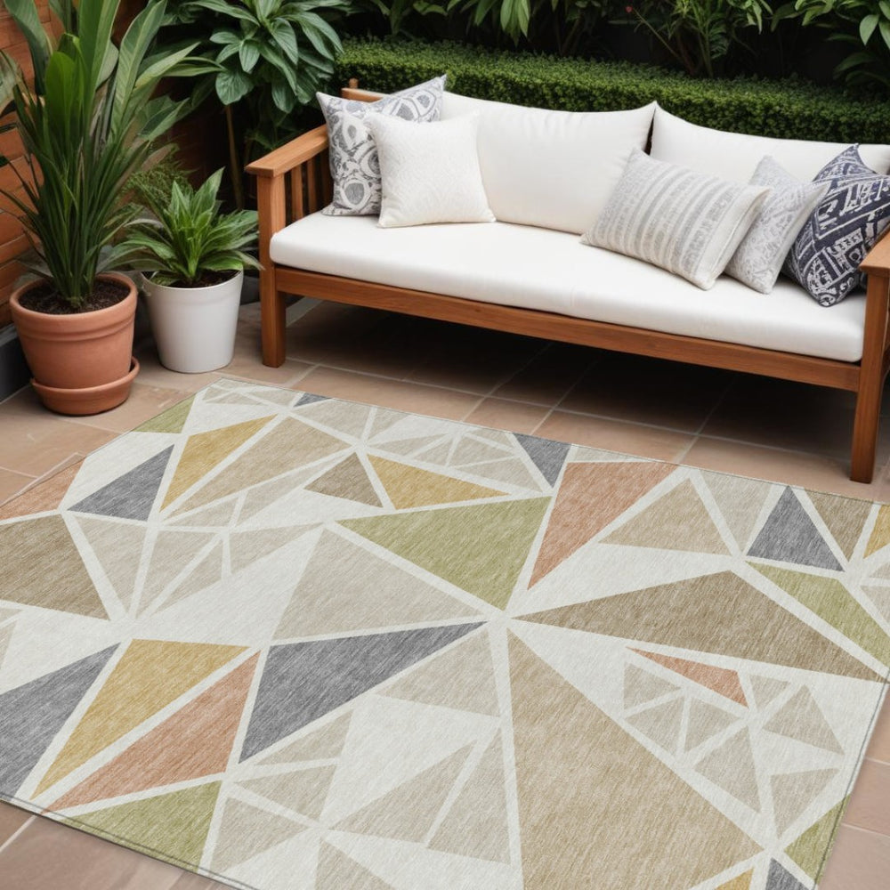 HomeRoots 9' Stylish Ivory Brown & Green Geometric Washable Area Rug - Durable, Indoor/Outdoor, Easy Care! 600376