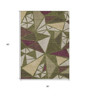 Homeroots 3' Stylish Geometric Artichoke Green And Aqua Washable Area Rug For Indoor And Outdoor Spaces 3' X 5' Polyester 600384