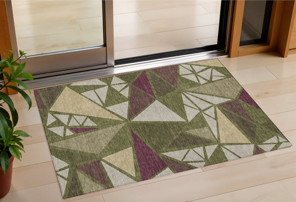 Homeroots 3' Stylish Geometric Artichoke Green And Aqua Washable Area Rug For Indoor And Outdoor Spaces 3' X 5' Polyester 600384