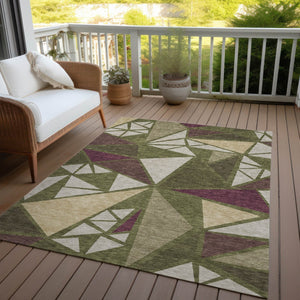 Homeroots 3' Stylish Geometric Artichoke Green And Aqua Washable Area Rug For Indoor And Outdoor Spaces 3' X 5' Polyester 600384