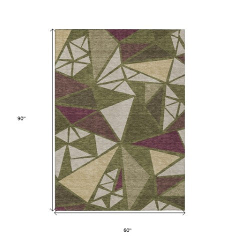 Homeroots 3' Stylish Geometric Artichoke Green And Aqua Washable Area Rug For Indoor And Outdoor Spaces 5' X 8' Polyester 600385