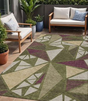 Homeroots 3' Stylish Geometric Artichoke Green And Aqua Washable Area Rug For Indoor And Outdoor Spaces 5' X 8' Polyester 600385