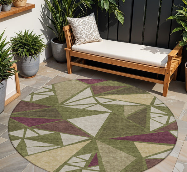 Homeroots 3' Stylish Geometric Artichoke Green And Aqua Washable Area Rug For Indoor And Outdoor Spaces 8' Round Polyester 600386