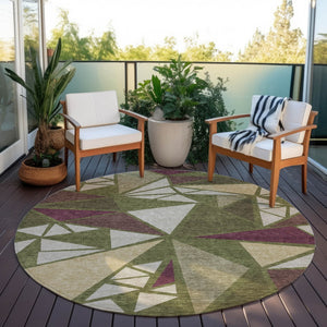 Homeroots 3' Stylish Geometric Artichoke Green And Aqua Washable Area Rug For Indoor And Outdoor Spaces 8' Round Polyester 600386