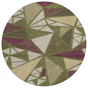 HomeRoots 5' Stylish Olive Green, Ivory & Burgundy Geometric Washable Area Rug for Indoor & Outdoor Spaces 8' Round 600386