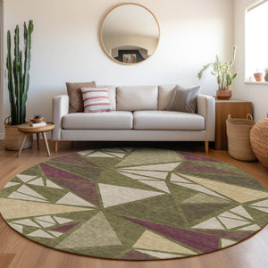 Homeroots 3' Stylish Geometric Artichoke Green And Aqua Washable Area Rug For Indoor And Outdoor Spaces 8' Round Polyester 600386