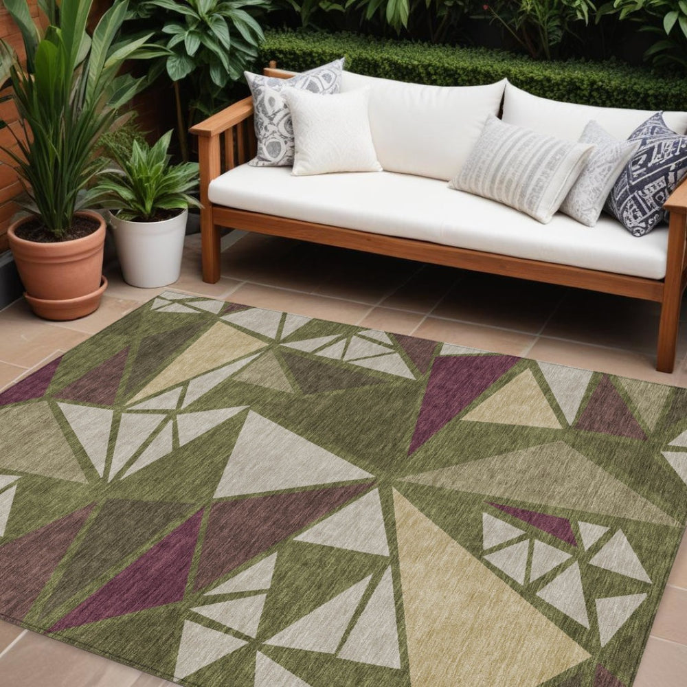 HomeRoots 9' X 12' Stylish Olive Green Ivory Burgundy Geometric Washable Rug for Indoor & Outdoor Spaces 600388