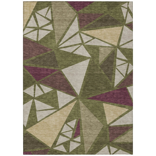 HomeRoots 9' X 12' Stylish Olive Green Ivory Burgundy Geometric Washable Rug for Indoor & Outdoor Spaces 600388