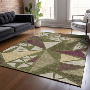 Homeroots 3' Stylish Geometric Artichoke Green And Aqua Washable Area Rug For Indoor And Outdoor Spaces 9' X 12' Polyester 600388