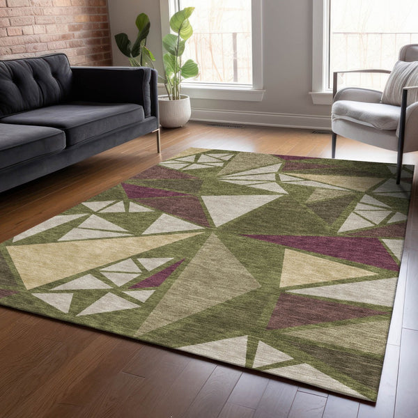 Homeroots 3' Stylish Geometric Artichoke Green And Aqua Washable Area Rug For Indoor And Outdoor Spaces 9' X 12' Polyester 600388