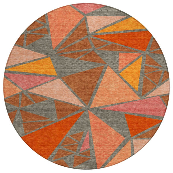 HomeRoots 5' Modern Geometric Rust Gray and Pink Area Rug - Washable, Durable, Indoor/Outdoor Style for High Traffic 8' Round 600392