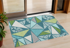 Homeroots 3' Stylish Geometric Artichoke Green And Aqua Washable Area Rug For Indoor And Outdoor Spaces 3' X 5' Polyester 600396