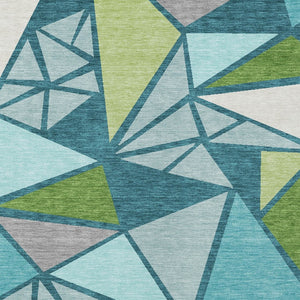Homeroots 3' Stylish Geometric Artichoke Green And Aqua Washable Area Rug For Indoor And Outdoor Spaces 3' X 5' Polyester 600396
