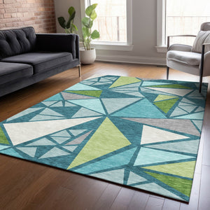 Homeroots 3' Stylish Geometric Artichoke Green And Aqua Washable Area Rug For Indoor And Outdoor Spaces 3' X 5' Polyester 600396
