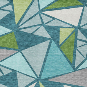 Homeroots 3' Stylish Geometric Artichoke Green And Aqua Washable Area Rug For Indoor And Outdoor Spaces 5' X 8' Polyester 600397