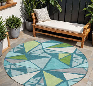Homeroots 3' Stylish Geometric Artichoke Green And Aqua Washable Area Rug For Indoor And Outdoor Spaces 8' Round Polyester 600398